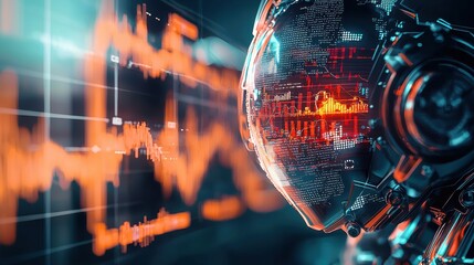 Futuristic Robot with Metallic Face Displaying Stock Market Trends and Graphs, Emphasizing AI in Modern Finance
