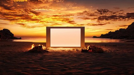 A surreal scene of an empty frame by the beach at sunset, creating an intriguing visual contrast with the fiery sky.