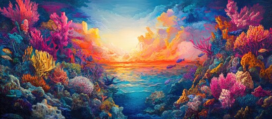A vibrant and imaginative surreal seascape with bold colors and dynamic ocean elements