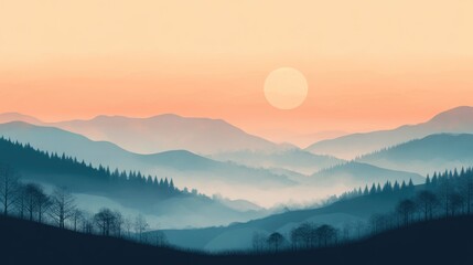 Obraz premium Abstract Landscape Painting With Soft Light Fading Over The Horizon And Hills Featuring Trees In The Background