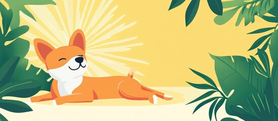 Fototapeta premium Cute Dog Relaxing In The Summer Heat With A Sunbeam And Tropical Background