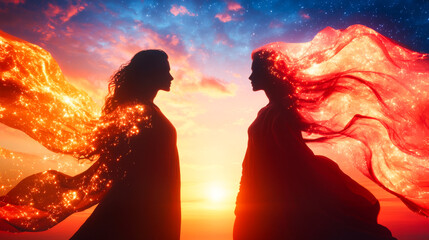 Eternal Embrace: Two celestial beings, adorned in flowing flames, share a profound connection against a breathtaking cosmic sunset, embodying the duality of existence and the power of love. 