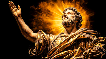 Obraz premium Divine Radiance: A dramatic, golden statue of a bearded man with outstretched hand, bathed in ethereal light, evokes a sense of divine power and spiritual awakening. 
