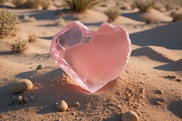 Fototapeta premium Pink Quartz Heart Fragment on Desert Floor Representing Lost Love and Longing