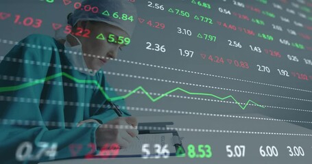 Animation of data processing over smiling caucasian female surgeon - Powered by Adobe