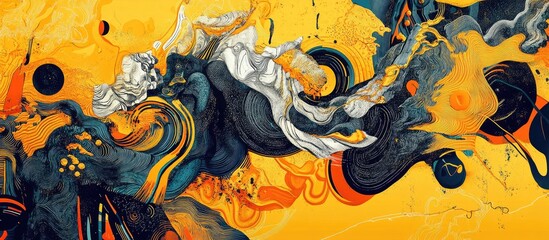 Surreal design featuring intricate lines and tangles abstract illustrations vibrant yellow and orange hues bold black lines and a vivid backdrop
