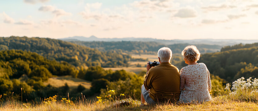 Senior couple birdwatching with binoculars in a quiet natural park