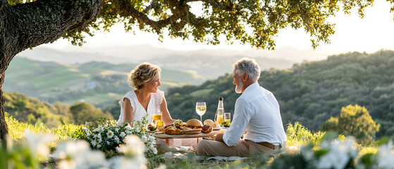 Senior couple enjoying a picnic under a large oak tree