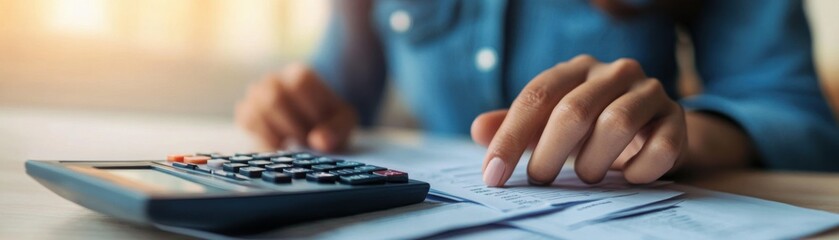 Person using a calculator with overdue bills stacked nearby, financial stress and debt management concept, realistic design
