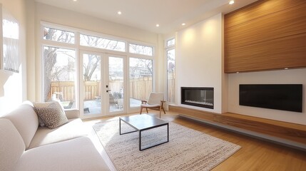 Modern Living Room Interior with Fireplace  Couch  and Large Windows