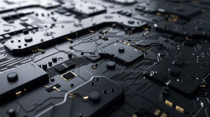Fototapeta premium A close-up view of a black circuit board with intricate patterns and glowing elements, highlighting technology and design.