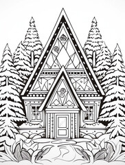  A black and white coloring book page of an A-frame house in the forest, with geometric patterns on its exterior walls.