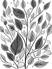 A black and white vector line drawing for a coloring book, depicting tree branches with leaves