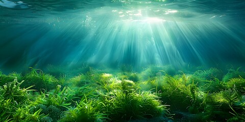 Fototapeta premium Underwater scene with sunlight and algae.