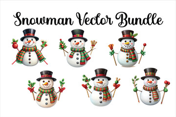 Set of christmas snowmans illustration on white background. Cute Snowmen. Vector illustration of a snowman with a carrot nose, scarf and hat.