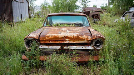 scrapped car in a junkyard, with overgrown weeds crawling over the rusty metal