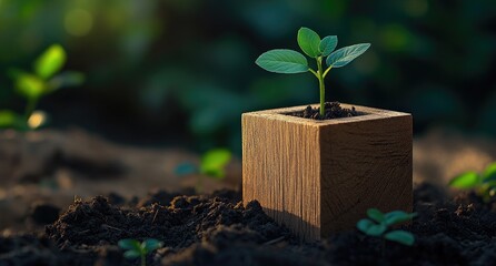 A young green plant sprouts from the soil in a wooden box, symbolizing growth and sustainability.