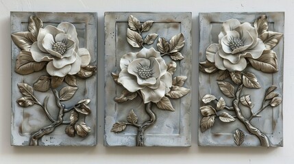 Concrete Wall Decor: Set of Three Canvases with Volumetric Stucco Molding and Pewter Leaf Elements Featuring a Single Freesia