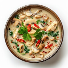 Closeup of Delicious Tom Kha Gai Soup on White Background - Thai Cuisine Food Photography Concept.