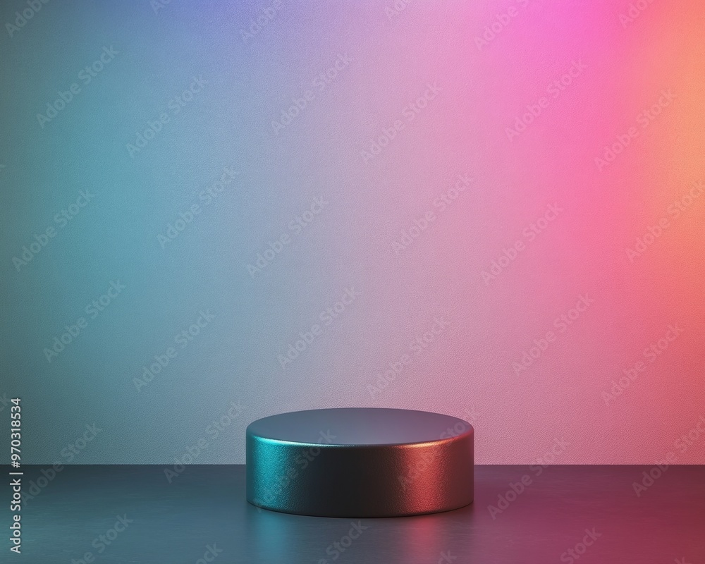 Poster Glossy Black Podium on Reflective Surface with Iridescent Light Reflections in Minimalist Setting