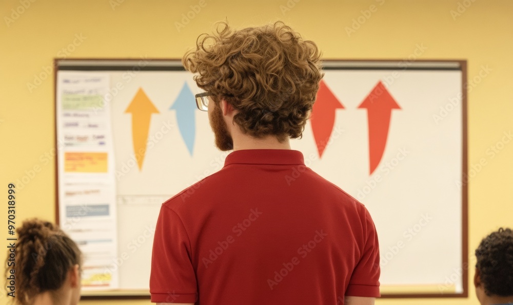Poster high school debate team practice session with arrow strategy chart in bright classroom