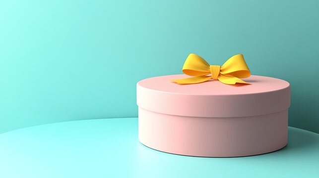 A 3D representation of a gift box placed on a table, featuring a vibrant and realistic design. The box is adorned with a decorative ribbon and bow, capturing the excitement and elegance of gift-giving