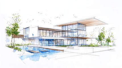 Modern House Architectural Sketch with Swimming Pool