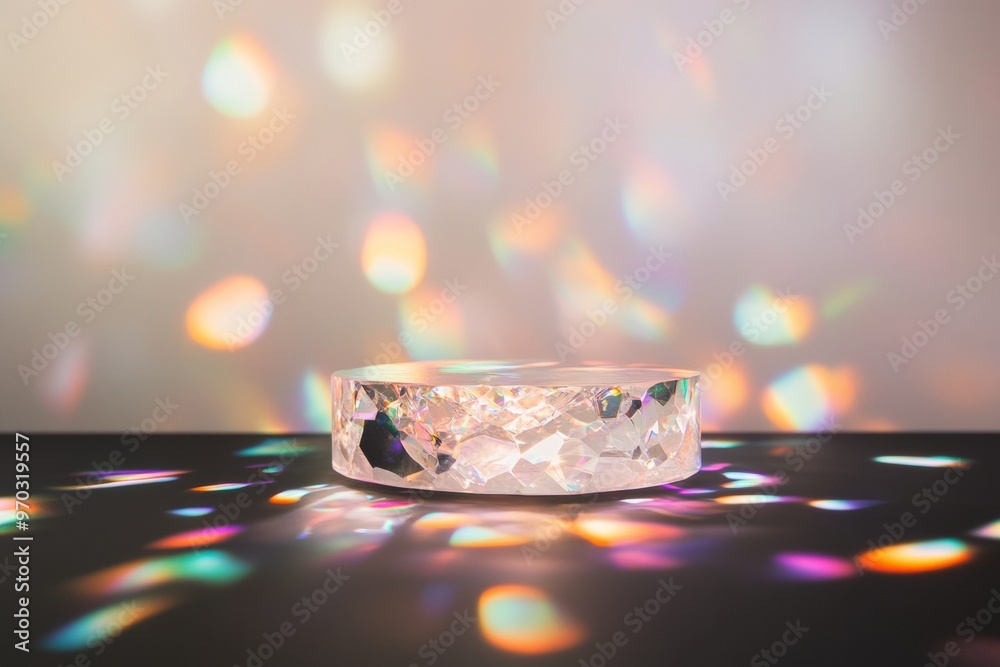Poster minimalist crystal podium with dynamic reflections against a black background
