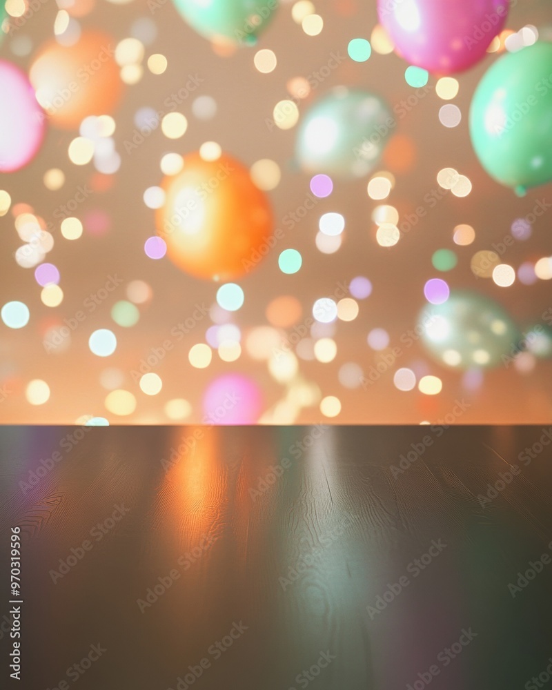 Aufkleber dynamic festive celebration with reflective table top against iridescent balloon bokeh