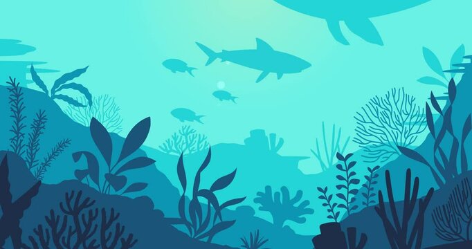 Deep ocean landscape. Seascape with seabed inhabitants, fish, silhouettes of dolphins and whales, algae and corals. Moving banner with marine life. Flat cartoon animated graphics