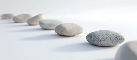 A row of smooth, light gray stones on a white surface. The stones are arranged in a line, with the one at the end being the most in focus.