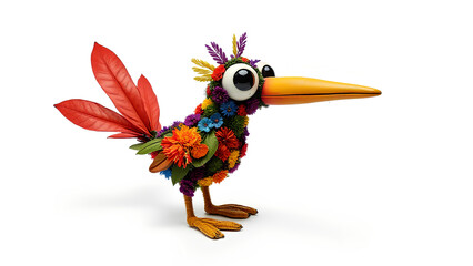 Obraz premium A colorful, whimsical bird with large eyes a long beak made entirely of vibrant flowers The bird appears to be made of various materials giving it a unique artistic style on a plain blank white backgr