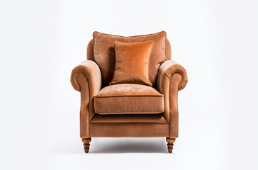 a plush armchair with fabric upholstery and rolled arms