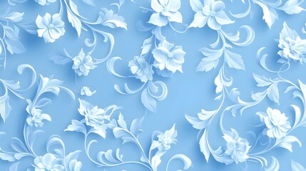 Obraz premium Seamless lace-like design with swirling white lines, intricate patterns on a pale blue background, soft elegance, digital art, high resolution.
