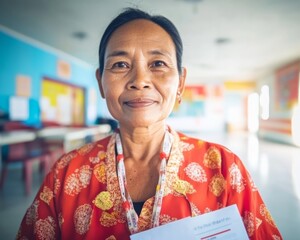 Traditional Indonesian Election Volunteer Holding Voter Registration Form at Polling Station