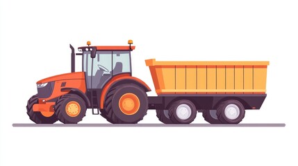 Fototapeta premium Tractor with trailer large agricultural equipment for field tasks Represents agricultural and horticultural themes Flat 2D cartoon illustration on a white background