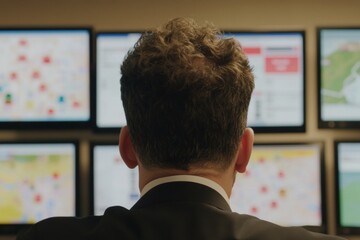 News Anchor Delivering Updates from High-Tech Newsroom with Disaster Alerts on Multiple Screens