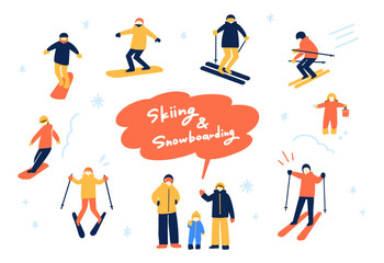 スキーとスノーボードを楽しむ人々