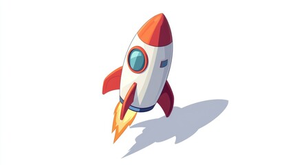Isometric cartoon icon of a launch rocket for web design depicted in 2D and set against a white background