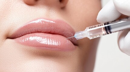Closeup of a woman s lips getting injected with a syringe