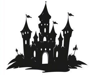 Fantasy castle icon featuring a stylized 2D cartoon design represented in a sleek black style for high quality illustration