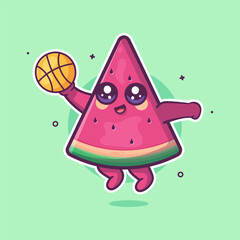 happy watermelon slice fruit character mascot playing basketball isolated cartoon