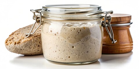 Glass Jar of Active Sourdough Starter with Fresh Bread and Wooden Container for Homemade Artisan Bread Baking, Natural Fermentation, and Traditional Kitchen Preparation