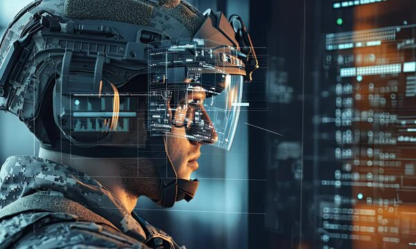 A soldier with advanced technology helmet interacting with digital data displays.
