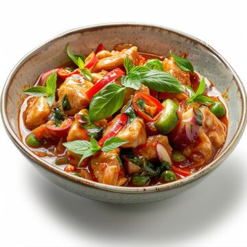Delicious Pla Kapong Neung Manao (Steamed Sea Bass with Lime) Closeup on White Background