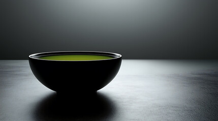 Minimalistic green tea in a black bowl on a sleek dark surface, modern and serene