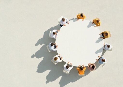 Aerial View of People Seated Around a Round Table, Casting Shadows in Minimalist Setting