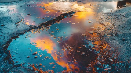 Multicolored gasoline spreads on damp pavement during a rainstorm due to leakage from a faulty vehicle in a parking lot.