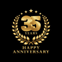 Happy Anniversary Logo 15, 25, 35, 45, 55, 65, 75, 85, 95 Years with Laurel Wreath Golden. Vector Illustration.