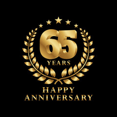 Happy Anniversary Logo 15, 25, 35, 45, 55, 65, 75, 85, 95 Years with Laurel Wreath Golden. Vector Illustration.